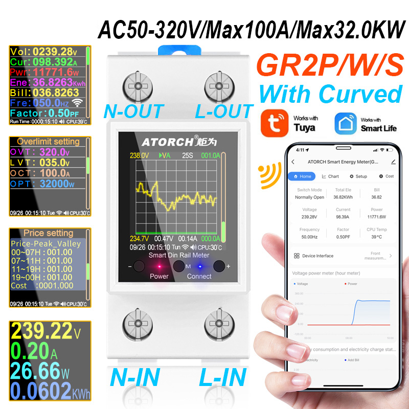 ATORCH GR2PW Electricity Meter Tuya WiFi Rail Power Energy Meter AC50-320V Digital Display Monitor Voltage Curve Ammeter