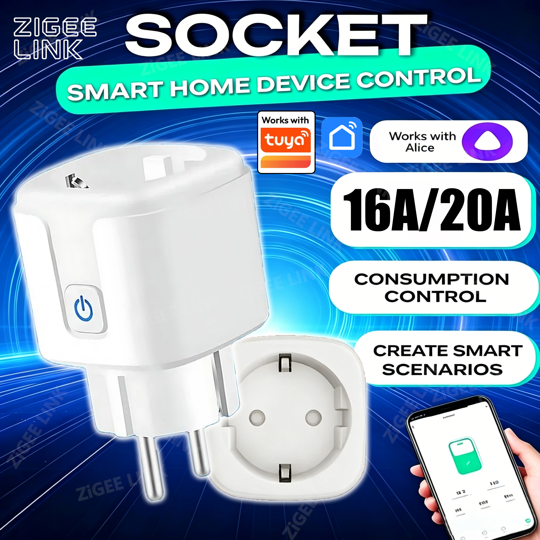 Smart Tuya Zigbee Plug Socket 3680W 16A Power Energy Monitoring Timer Switch EU Outlet Home Assistant Zigbee2mqtt