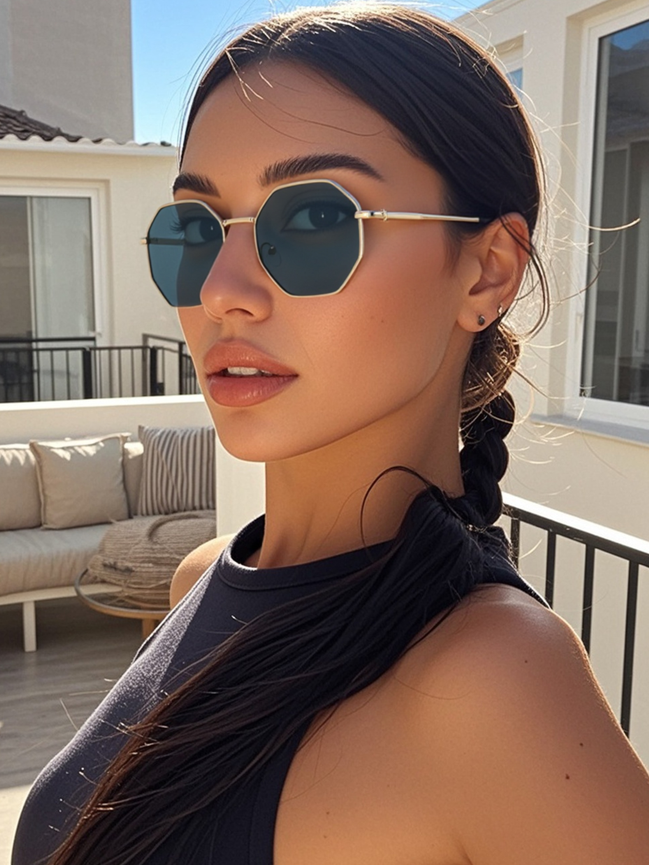 1Pc Metal Polygonal Vintage Frame Women's Sunglasses Trendy Fashionable High-End Decorative Glasses Suitable for Daily Wear