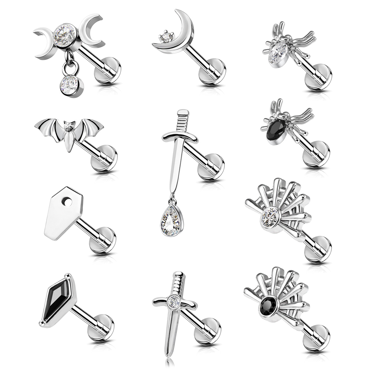 1pc Stainless Steel Rhinestone Lip Stud Crescent Pendant Cross Spider Fan Cartilage flat back Ear Stud Tragus Piercing Earrings pen gpt