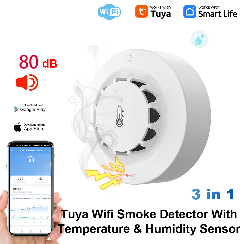Tuya WiFi Temperature and Humidity Sensor Smoke Detector Protection Alarm Smoke House Combination Firefighters