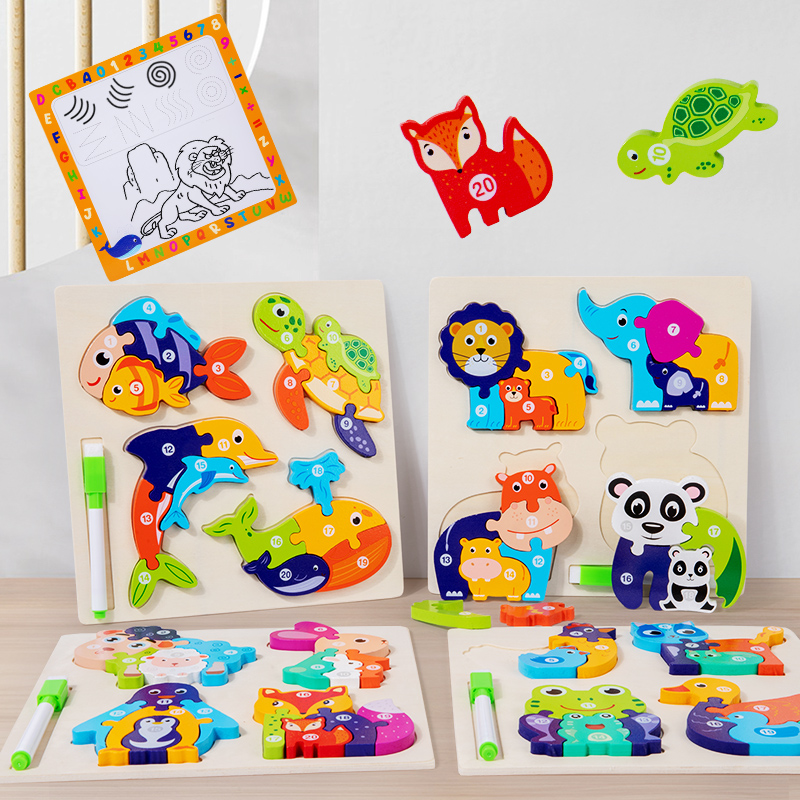 Wooden Animal Parent-Child Drawing Board 3D Puzzles Double-Sided Digital Puzzles Children's Cartoon Early Education Toys