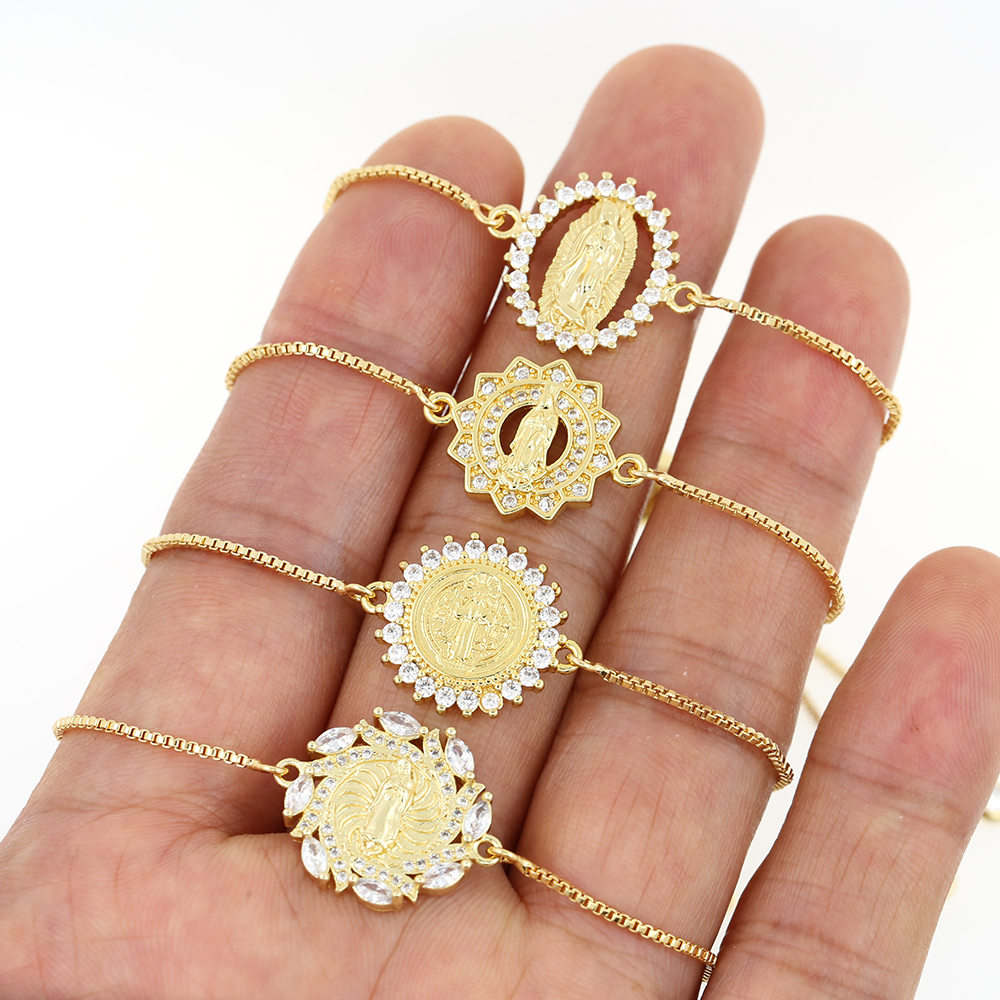 Fashionable Charm White Zircon Inlaid Geometric Shapes Virgin Mary Pattern Adjustable Gold Color Bracelet Women Jewelry