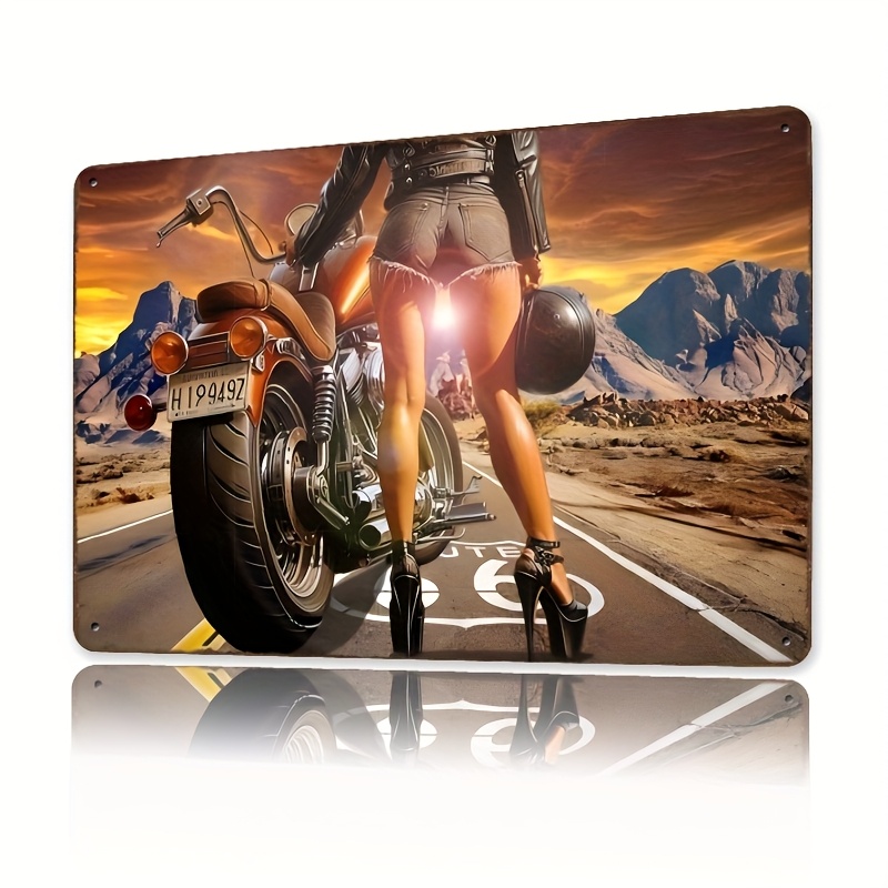 Room Decor 1pc Vintage Motorcycle Girl Metal Tin Sign, Iron Wall Art, Retro Plaque for Man Cave, Home, Bar, Restaurant, Hotel,