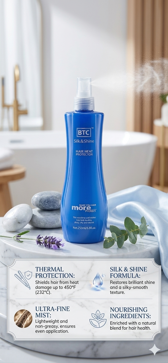 BTC Silk & Shine Heat Protector Spray for Smooth & Shiny Hair 250ml