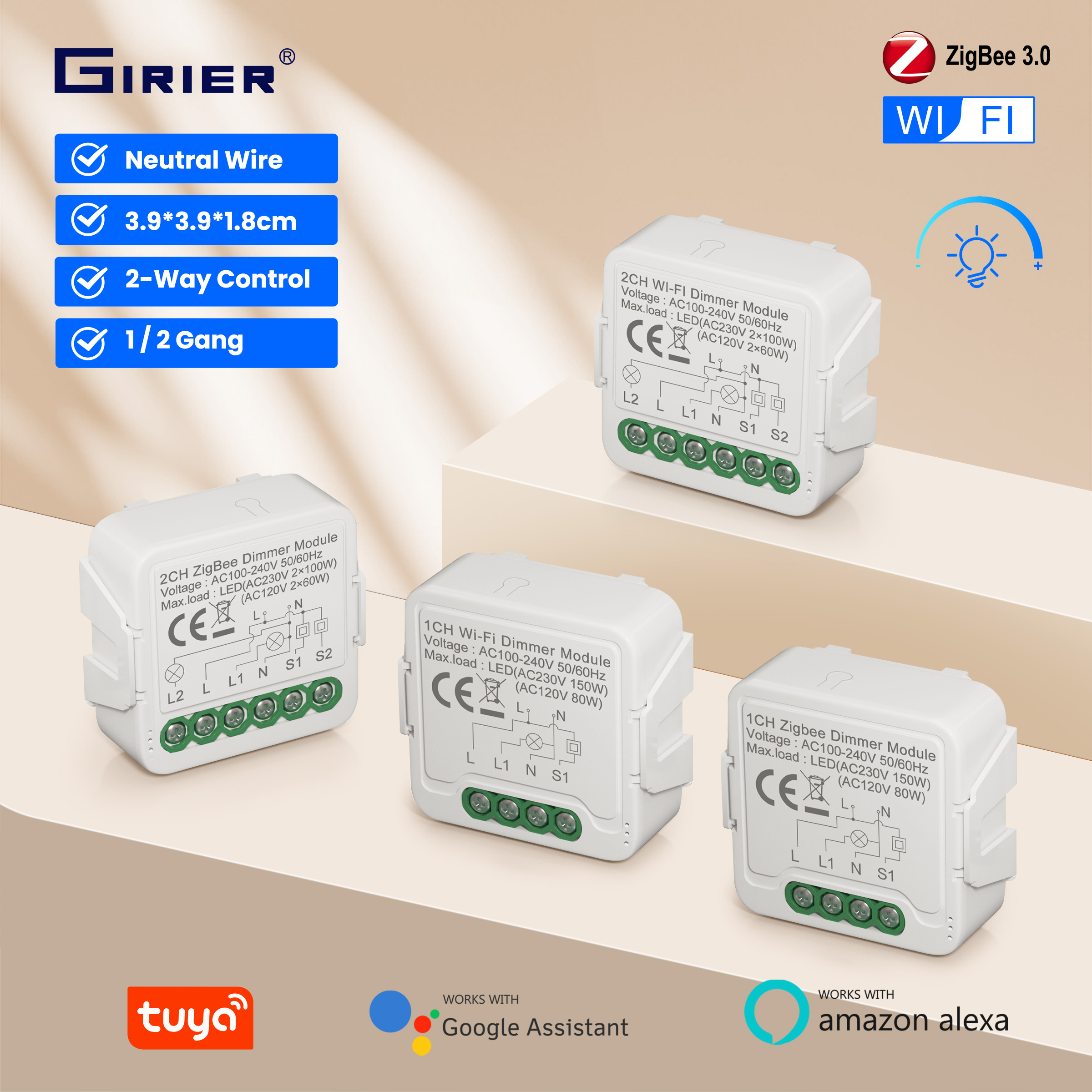GIRIER Tuya Smart WiFi ZigBee 3.0 Dimmer Switch Module Support Two-way Control Dimmable Switch Compatible with Alexa Home