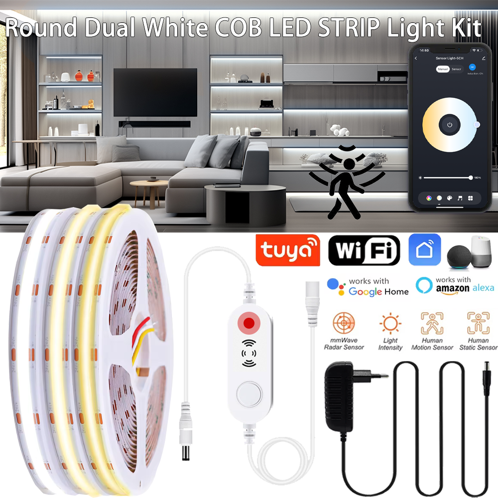 Tuya WiFi 24V CCT COB LED Strip Light 2700K-6500K Dimmable Flexible Color Changing LED Tape Linear Smart Human Presence Detector