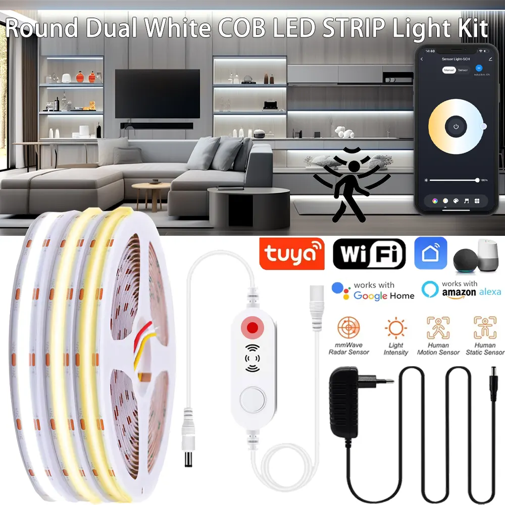 Tuya WiFi 24V CCT COB LED Strip Light 2700K-6500K Dimmable Flexible Color Changing LED Tape Linear Smart Human Presence Detector - image 1