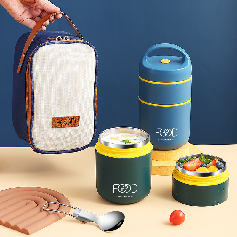 Double Layers Stainless Steel Insulated Lunch Box with Bag Portable Thermos Food Container for Work School Outdoor Thermal Cup