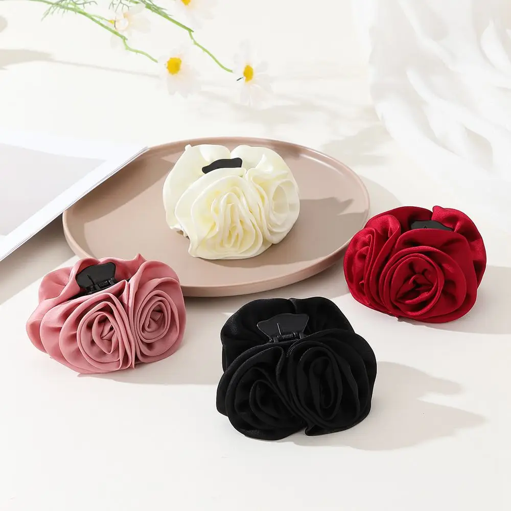 Cross Border New Hot Selling Large Edition Rose Grab Clip High Grade Satin Back Head Pan Hair Clip Fashion Hair Accessories