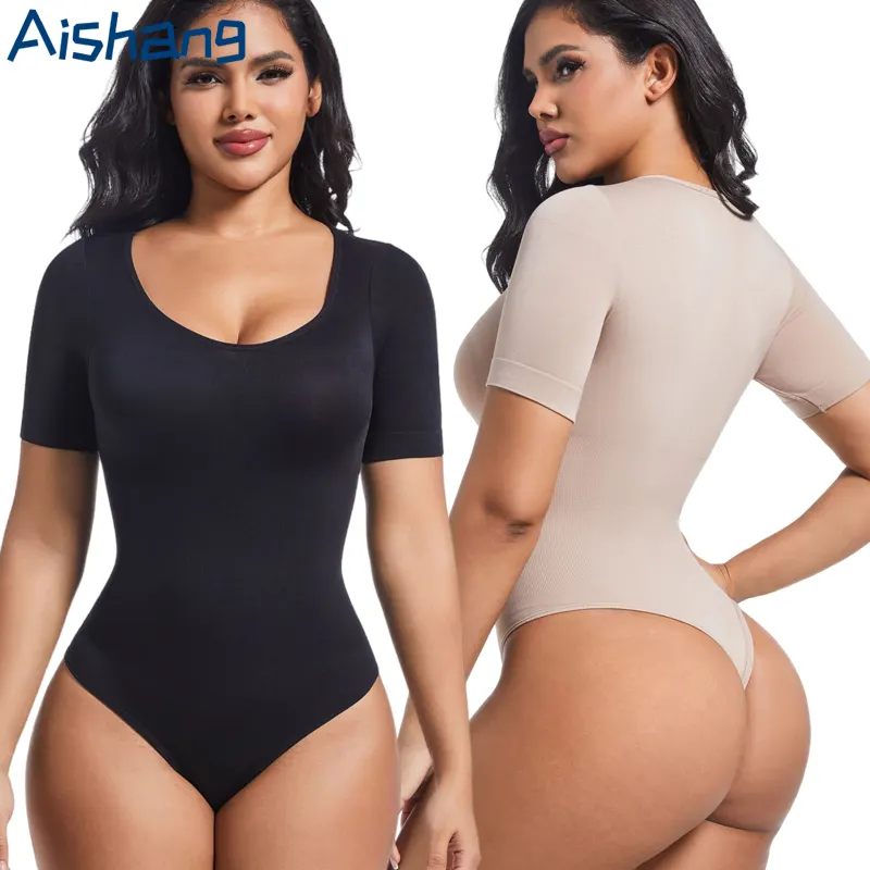 Seamless Long Sleeve Thong Bodysuit Shapewear High Compression Fajas Body Shaper Tummy Control Round Neck Jumpsuit Tops