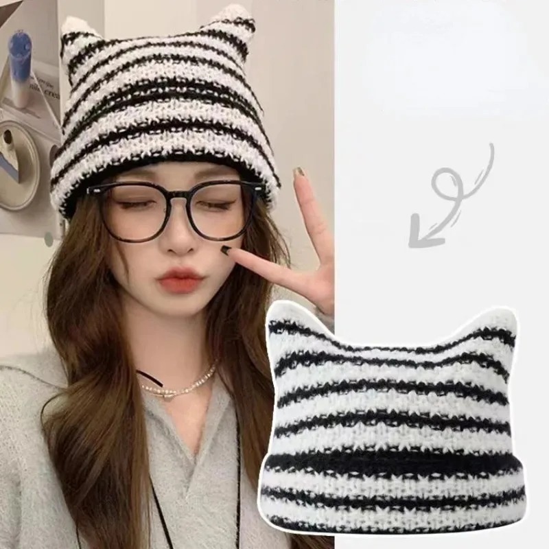 NEW Hot Selling Japanese Streetwear Harajuku Beanie Little Devil Striped Knitted Hat Women Girls Autumn Winter Cute Cat Ears Cap