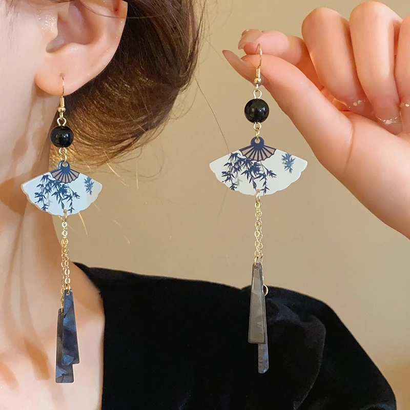 New Chinese Style Fan Bamboo Pendent Round Beaded Long Tassel Dangle Earrings for Women National Tide Premium Jewelry