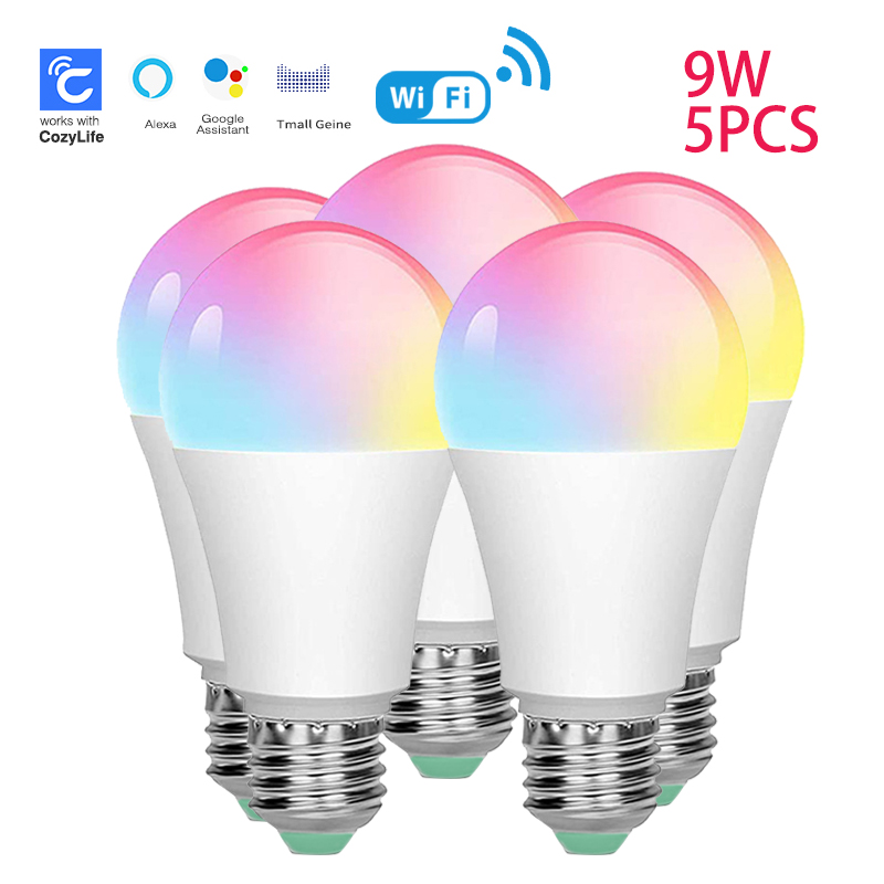 SIXWGH E27 Bulb WiFi 9W Smart RGB Lamp Home Dimmable Timer Function Cozylife App Cotrol Supports Home Alexa