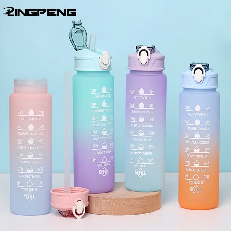 700ml Sports Water Bottle High Temperature Resistant Graduated Straw Cup Rainbow Frosted Progressive Color Water Cup Plastic Cup