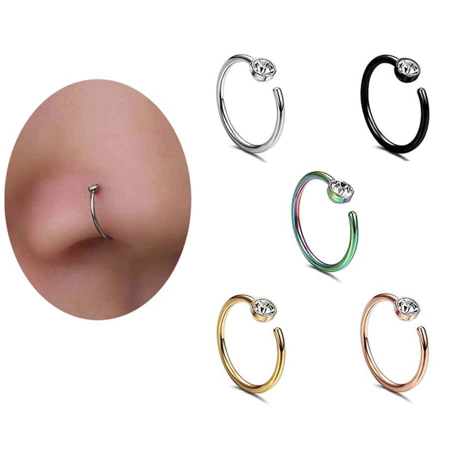 1-5Pcs Women Men Inlaid Cubic Zirconia Nose Ring Fake Lip Ring Earrings Stainless Steel Non Piercing Body Jewelry