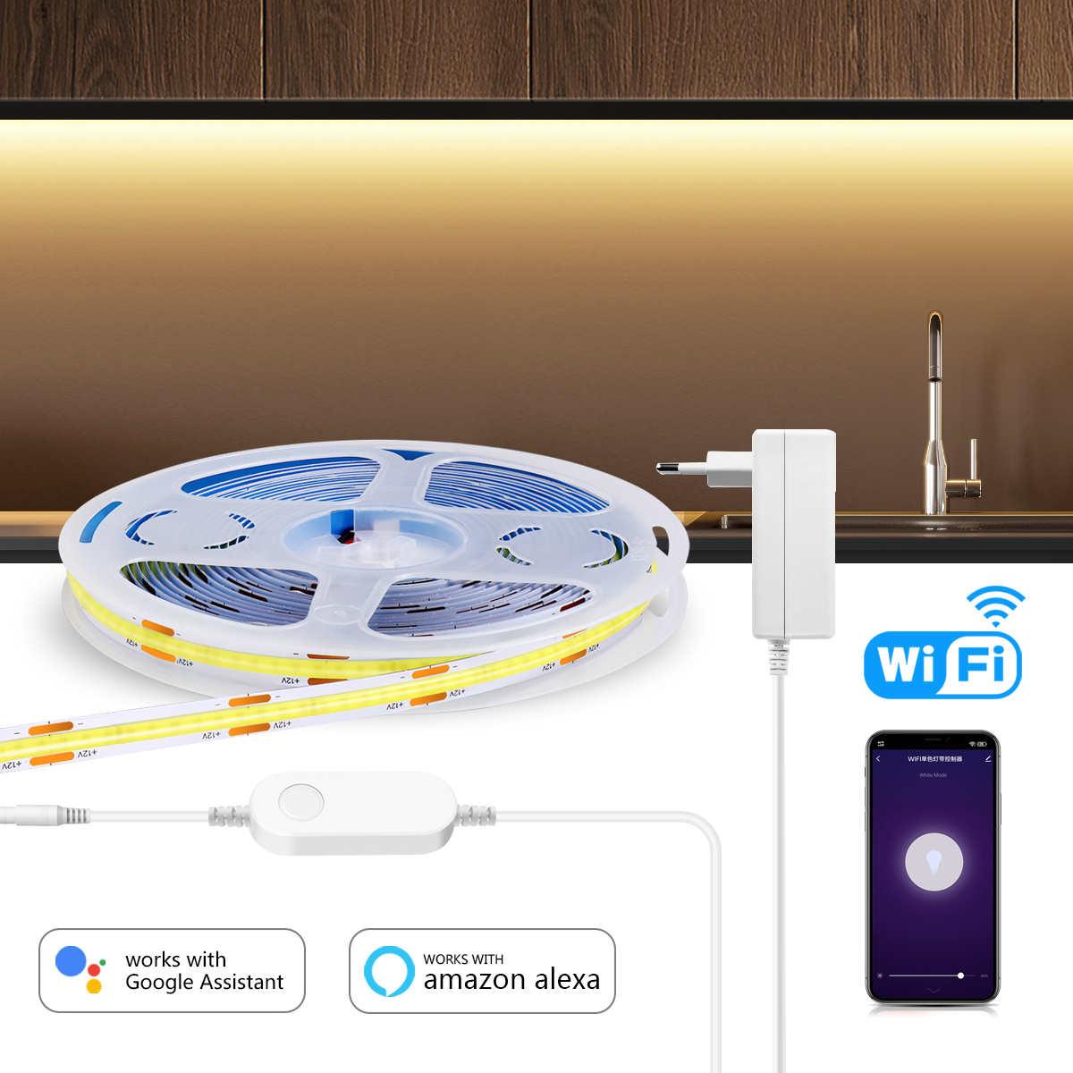 WIFI Smart COB LED Strip, App Control, Voice Alexa/ Assistant, Dimmable,1M-10M, 24V, 2.4GHz,Self adhesive LED Tape Light lightify