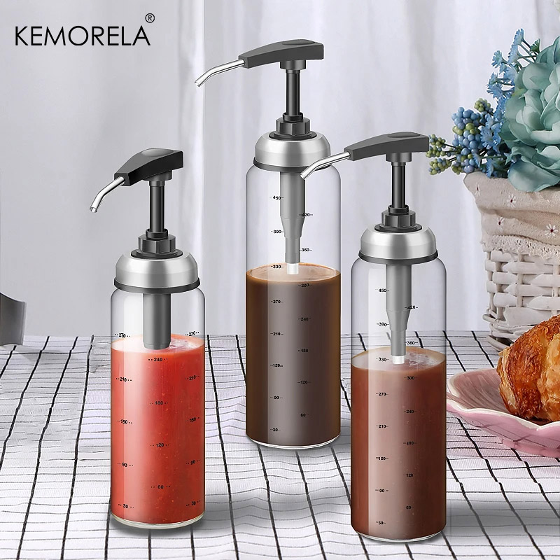 Glass Oil Bottle Cooking Seasoning Sauce Bottle Home Salad Dressing Press Squeeze Bottle Replaceable Washable Refillable
