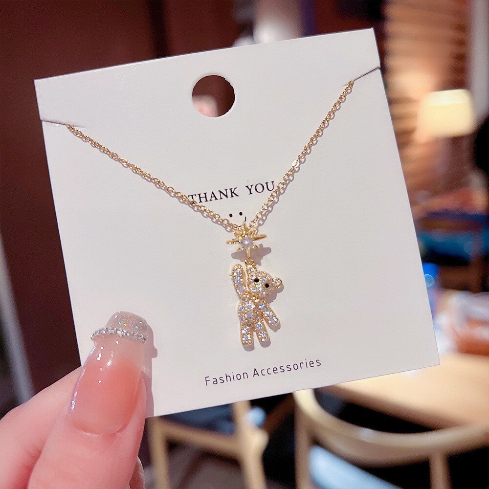 Obega Lovely Bear Necklaces for Women Cubic Zircon Inlaid Gold Color Neck Chain Female Necklaces Cute Jewelry Pendant pen gpt