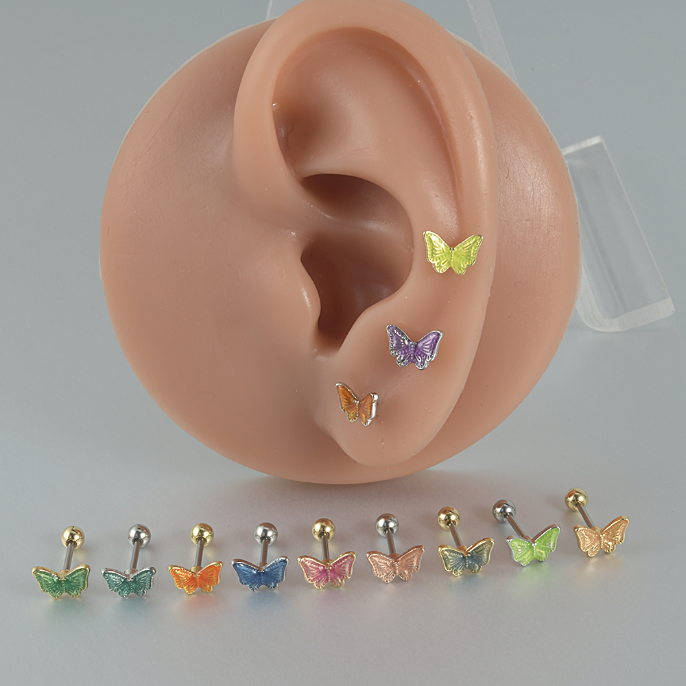 2PCS Butterfly Ear Studs Epoxy Cute Ear Cartilage Helix Lobe Conch Piercing Earrings For Girl Jewelry 20G
