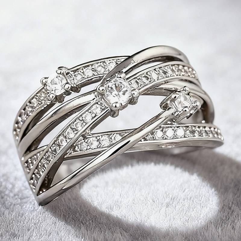Huitan Multi-layer Cross Design Women Ring Luxury Engagement with Shiny CZ Fashion Female Accessories Party Chic Jewelry