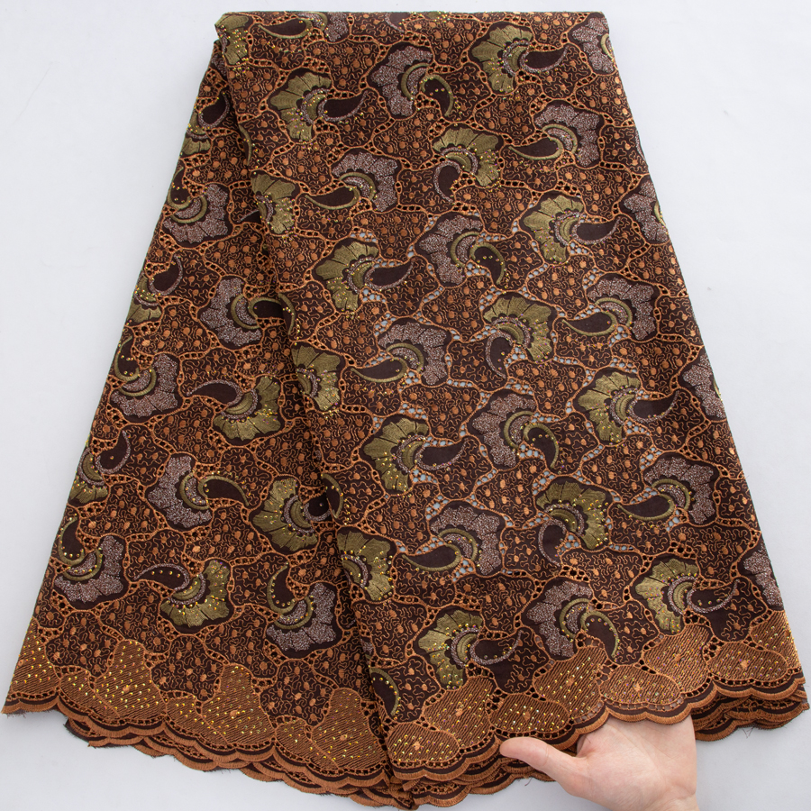 African Cotton Lace Fabric 5 Yards - Brown with Gold & Green Floral Embroidery Nigerian Swiss Voile Lace For Wedding & Party Dre