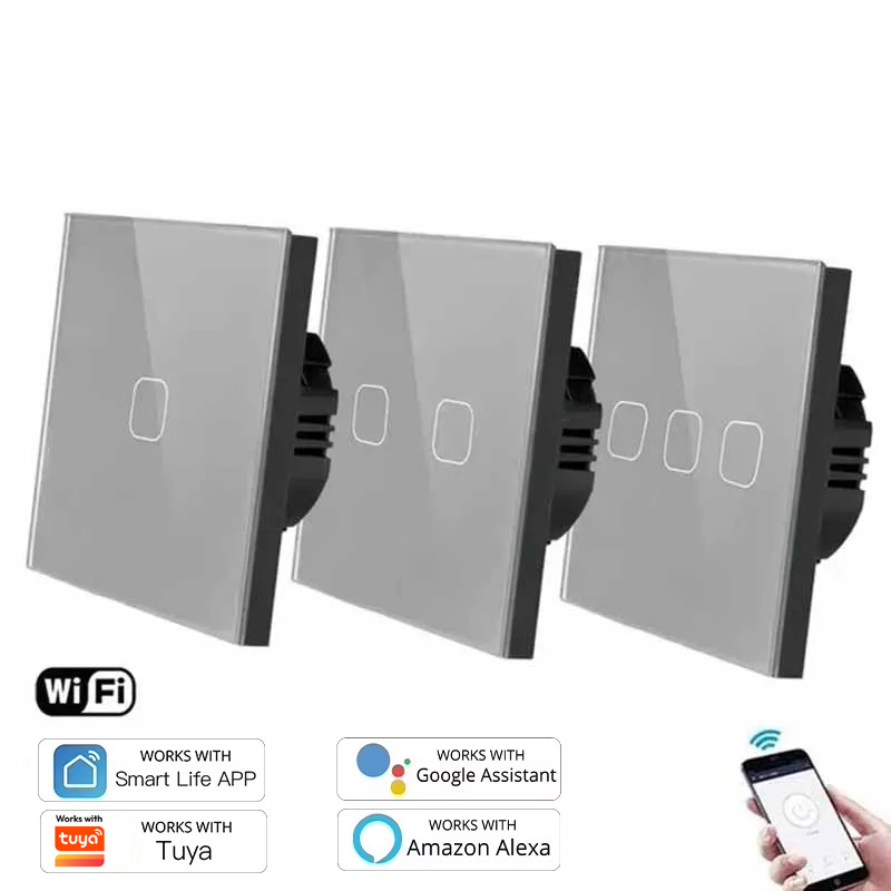 EU Standard 1/2/3/4 Gang Works with Tuya/Smart Life WiFi Wall Light Touch Switch Single Fire Wire Wireless Control lightify