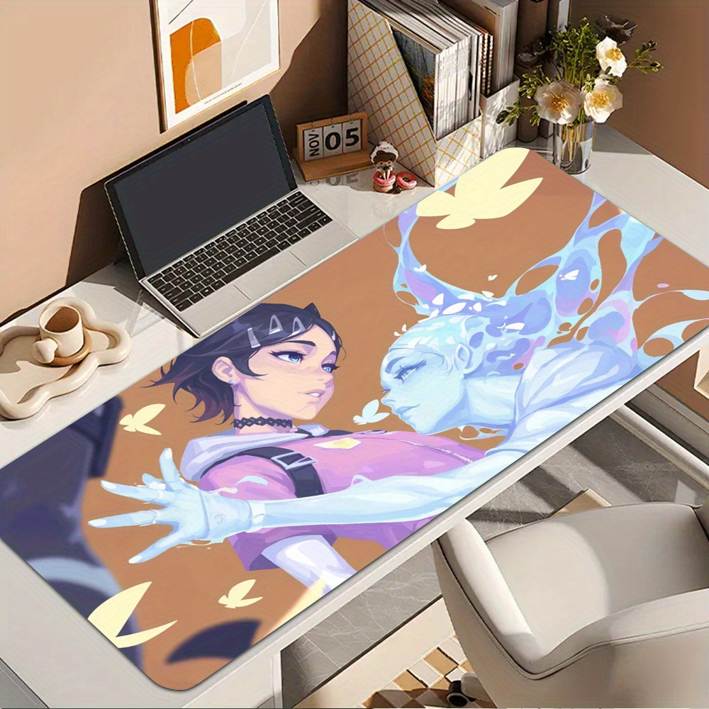 Anime Style Girl Large Desk Mat, Non-Slip Gaming Mouse Pad with Stitched Edges, Water Element Butterfly Keyboard Pad