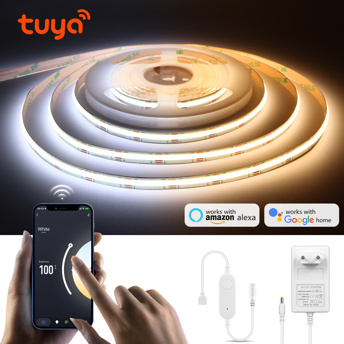 3M 5M Tuya Smart Life WiFi COB CCT LED Strip Light DC24V 2700K-6500K Dimmable LED Lamp Tape Ribbon Work With Alexa Home lightify