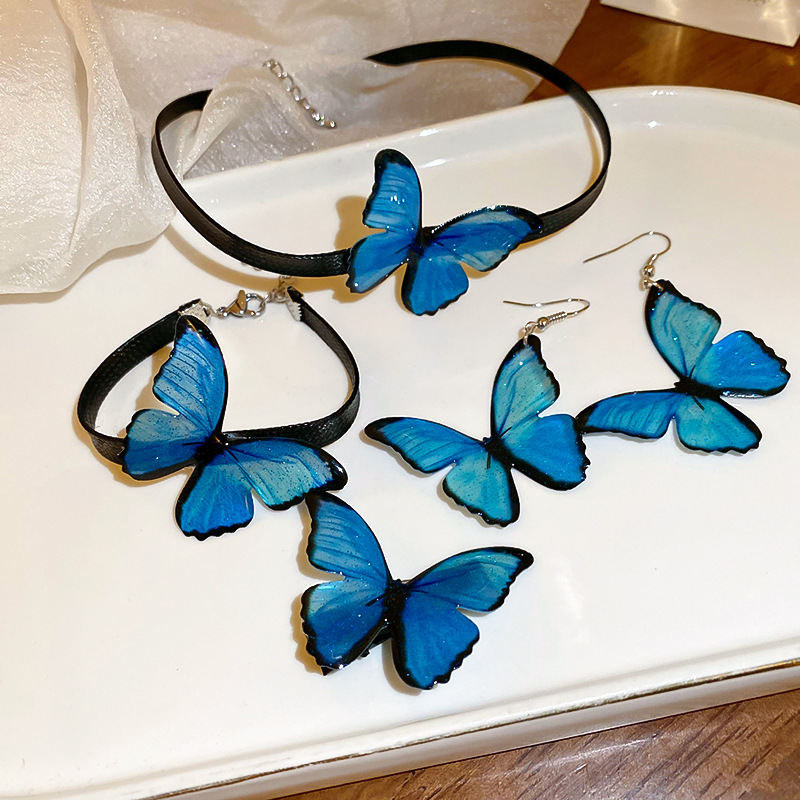 Blue Butterfly Necklace Bracelet Jewelry Set for Women Boho Leather Chain Choker Necklace Bangle Imitation Pealr Earringgs K0