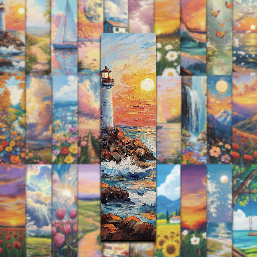 30PCS Beautiful Romantic Sunset Flowers Grassland Oil Painting Style Art Bookmarks Paper Book Marking Page Number Card Bookmark