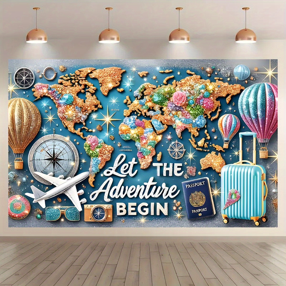 1 adventure-themed large background banner with a shiny world map, hot air balloons and travel signs - perfect for parties