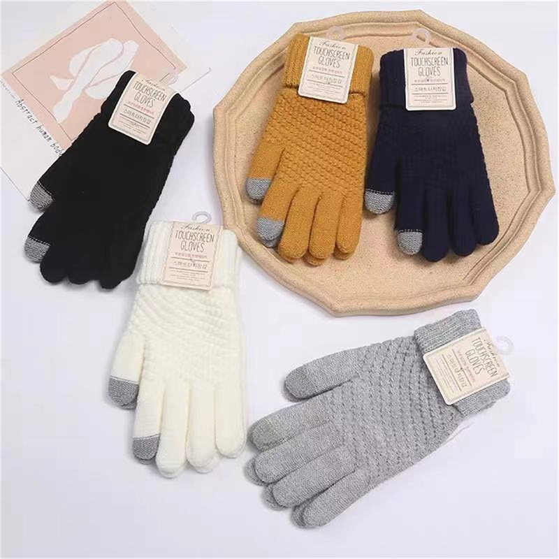 1Pair Winter Knitted Warm Gloves Thicken Warm Touch Screen Gloves for Men Women Gloves Full Finger Outdoor Cycling Driving Glove