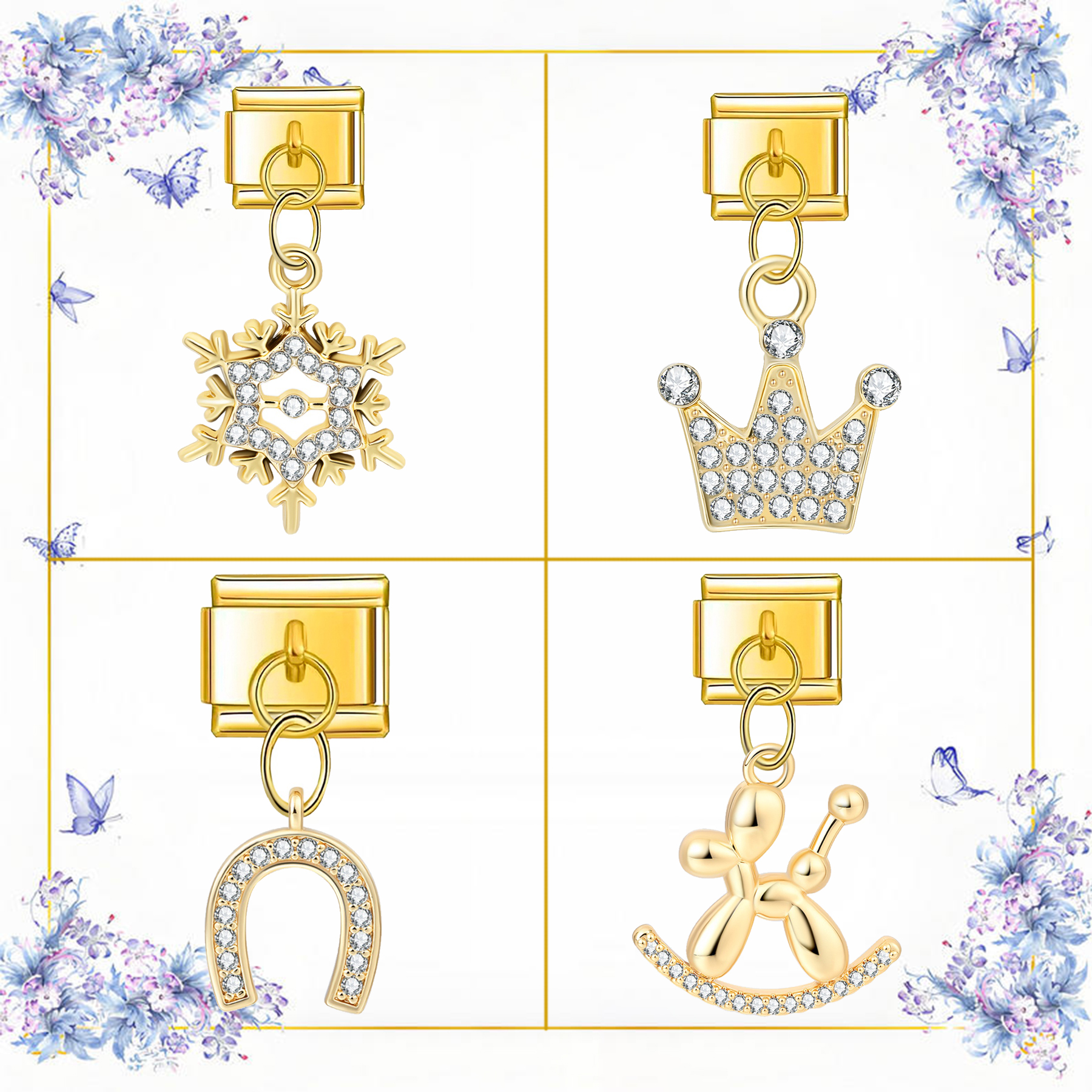 1PC 9mm Italian Style Stainless Steel Golden Module Lovely Cute Dog Love Heart Crown Pendant for DIY Bracelet Necklace Gift pen gpt