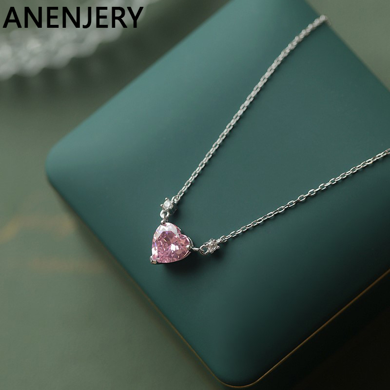 ANENJERY Pink Zircon Love Heart Necklace for Women New Fashion Sweet Design Clavicle Chain collares para mujer