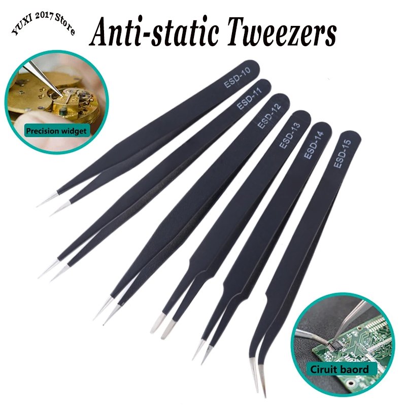 6Pcs Anti-static ESD Tweezers Maintenance Tool Industrial Precision Curved Straight Tweezers Repair Tools Set