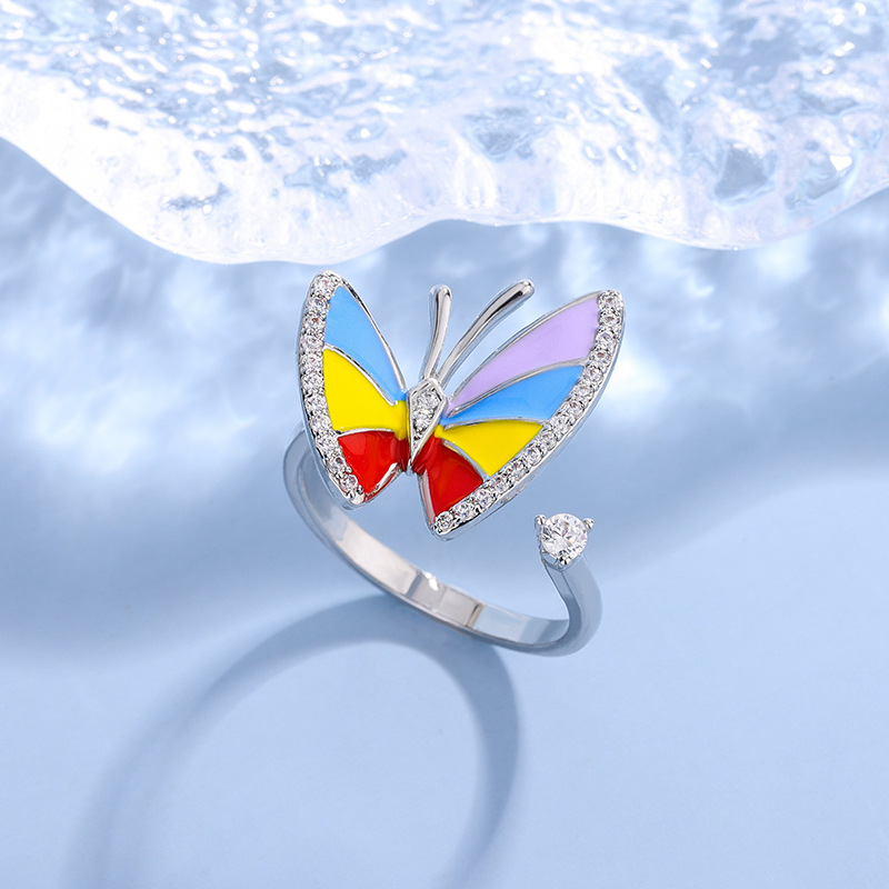 New Fashion Colorful Inlaid Diamond 925 Sterling Silver Temperament Butterfly Creative Opening Rings R069