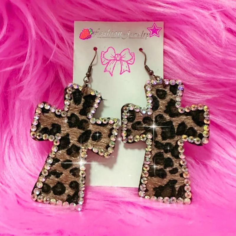 1pair Trendy Y2K Shiny Crystal Cross Earrings Leopard Print Charm Earring Accessorie Vintage Goth Jewelry Accessories