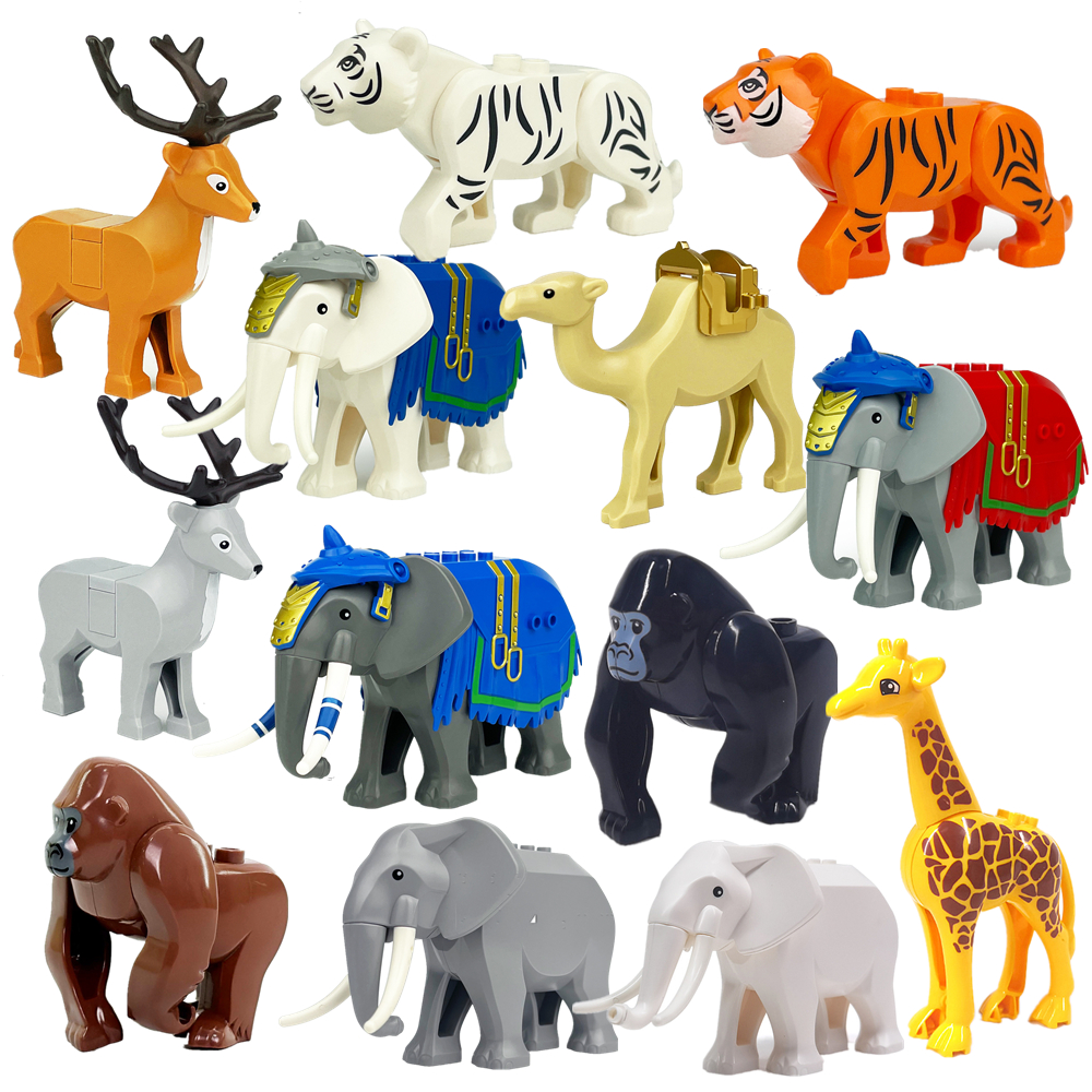 MOC City Animal Building Block Tiger Sika Deer Giraffe Chimpanzee Elephant Figures Zoo Fram Accessories Bricks Children Toys