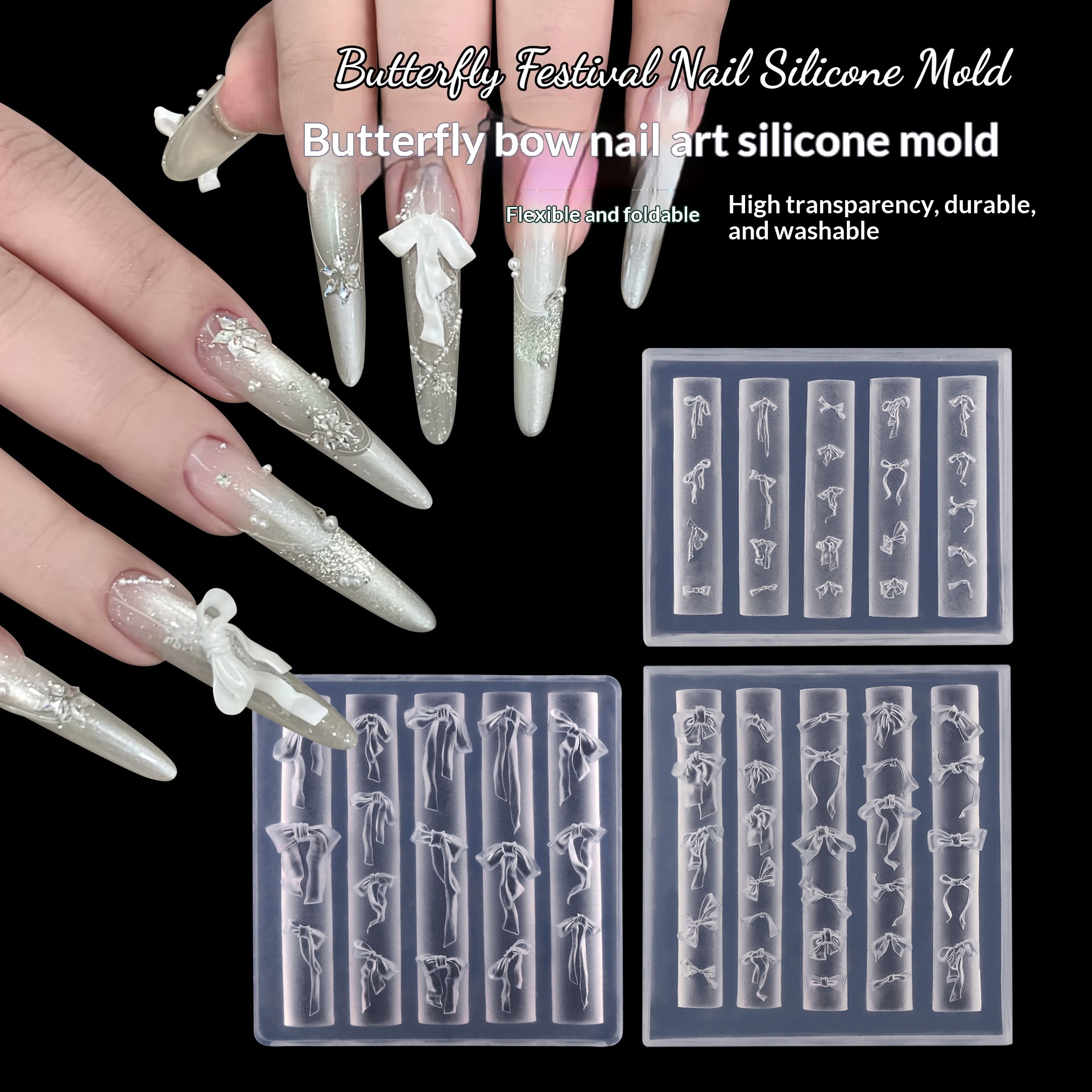 Ribbon Bow Nail Art Mold Silicone Cartoon Bowknot Pattern Nail Art Decorations Nail Polish Filling Mold Relief Design Manicure