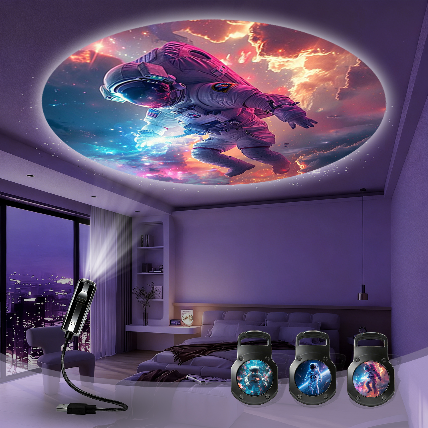 Planet Projector Lamp, with 3 interchangeable theme slides, creating a dreamy starry sky bedside atmosphere.