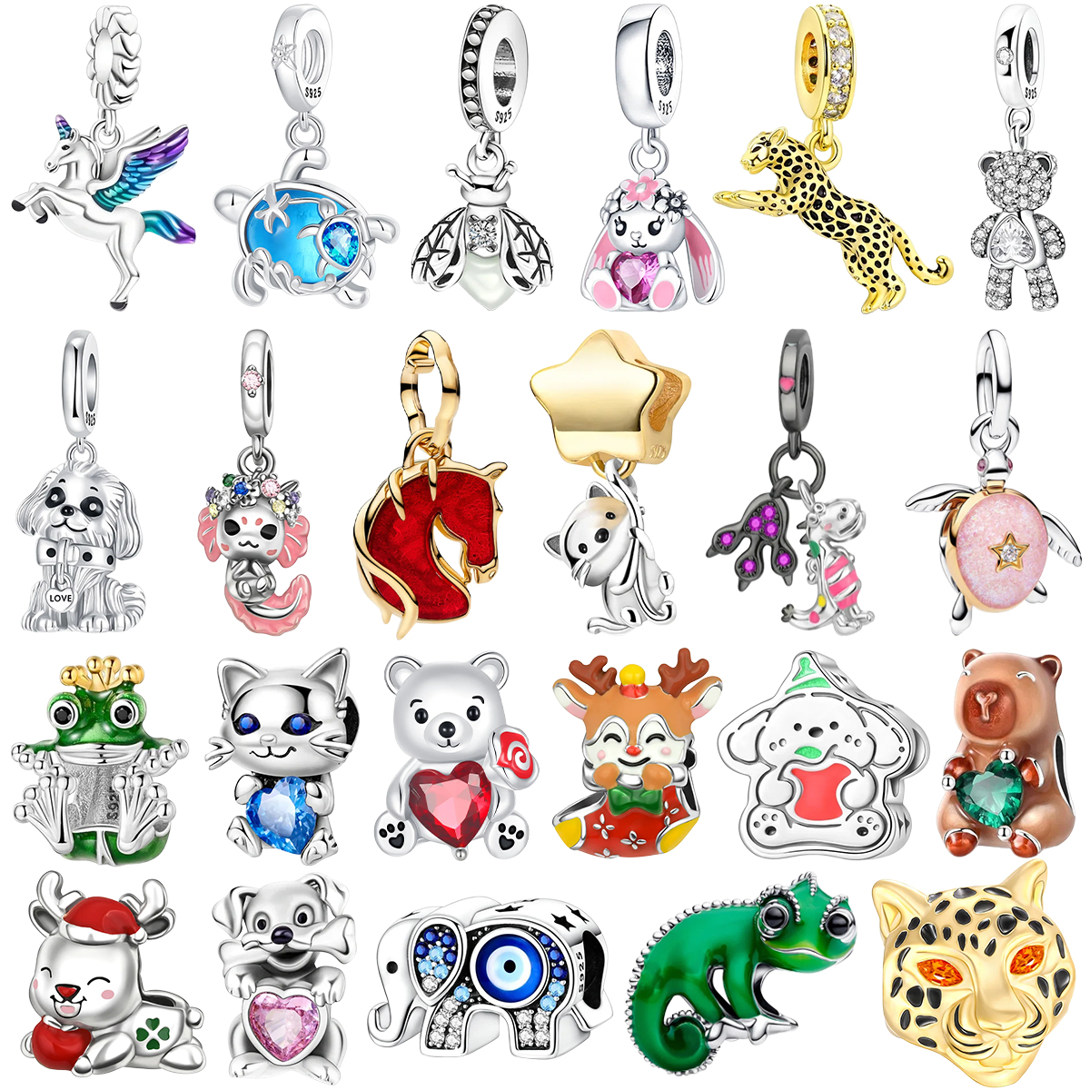 New 925 Sterling Silver Cute Frog Cat Dog Bear Alloy Charms Deer Rabbit Chameleon Animal Beaded Bracelet Jewelry Gift for Women