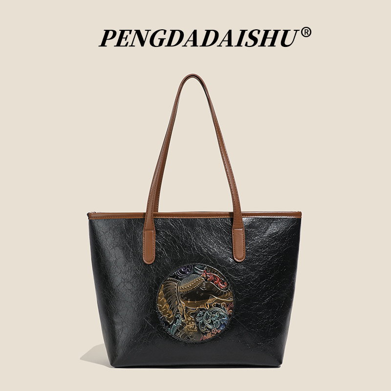 New Totem Embossed Handbag for Women, Vintage Handmade Distressed Large Capacity Shoulder Bag, Luxe Tote