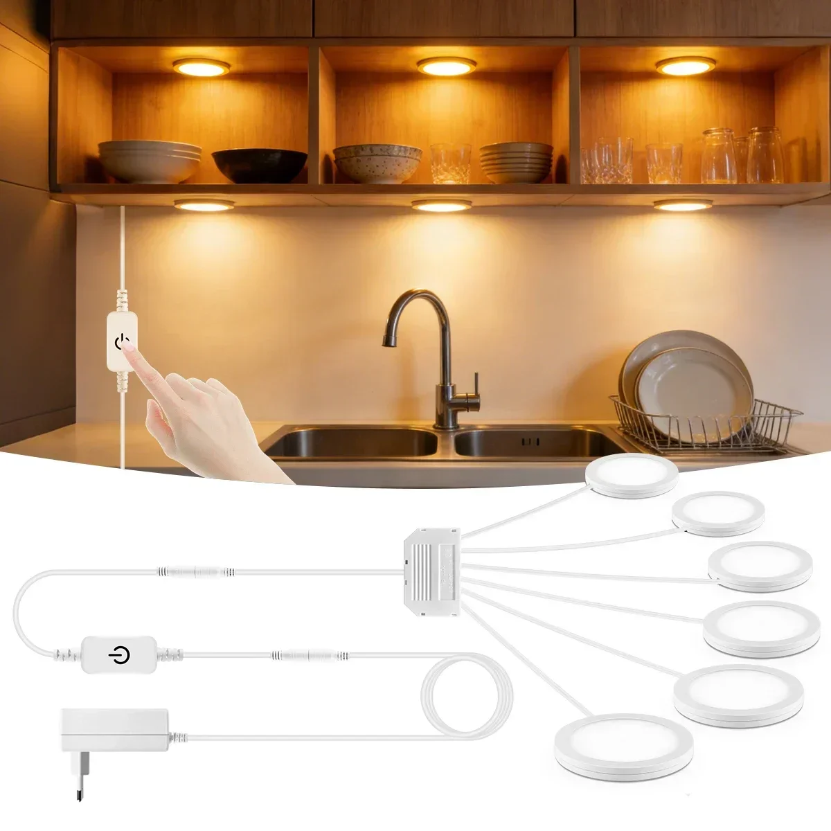 Dimmable LED Under Cabinet Lights 1-6PCS Set, 3 Color Temperatures, With Touch Control, Round Panel Lights for Kitchen & Closet