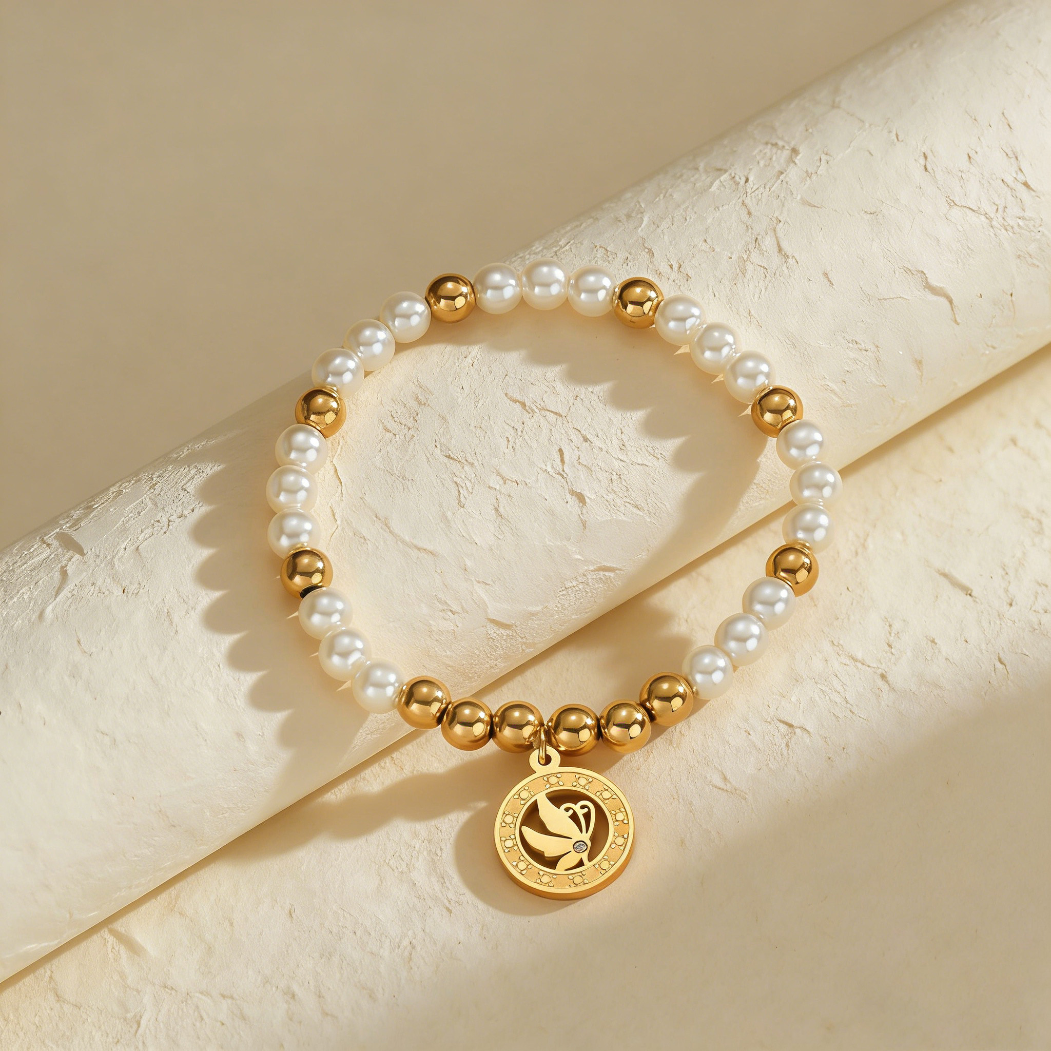 Kissmoon Fashion Imitation Pearl Stainless Steel Gold Color Elastic Bracelet for Women Butterfly Charm Party Daily Wear Jewelry