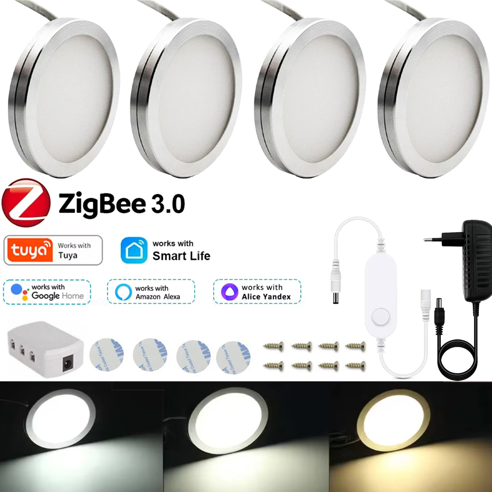 Zigbee 3.0 Under Cabinet Lights Warm White DC12V LED Round Lamp Dimming Kitchen Decor Tuya APP Voice Control For Alexa