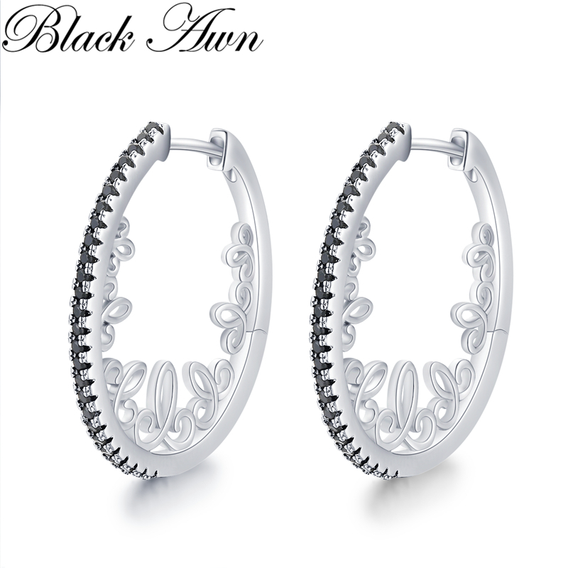 Black Awn 2023 New Oval Hoop Earrings For Women Classic Silver Color Trendy Spinel Engagement Jewelry I218