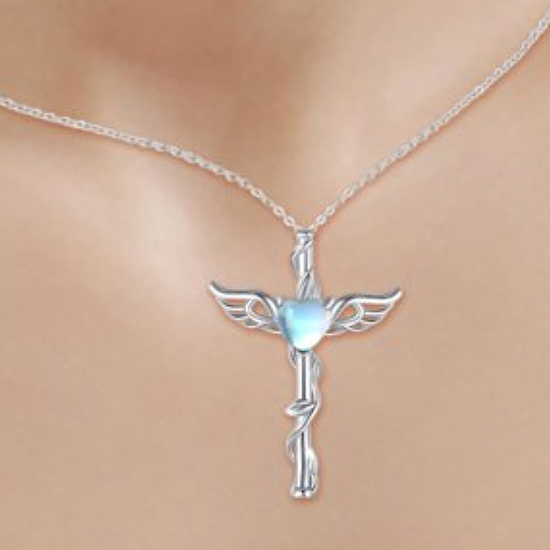 Huitan Imitation Moonstone Wing Design Lady Pendant Necklace for Wedding Party Engagement Romantic Elegant Accessories Jewelry
