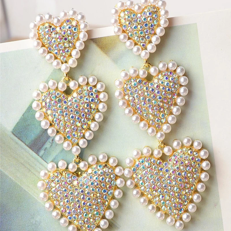 Elegant Heart Shape Drop Rhinestone Pearl Stud Earrings For Woman With Shimmering Stone Sweet Love Party Jewelry