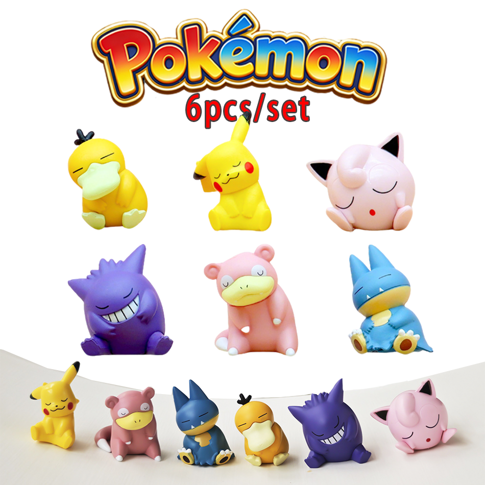 Pokemon Figure 6pcs/Set Sleep Series Pikachu Gengar Jigglypuff Slowpoke Gonbe Psyduck Sleep Version Model Figure PVC Toys